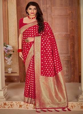   scarlet red woven banarasi saree with blouse 1