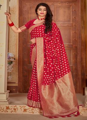  scarlet red woven banarasi saree with blouse 2