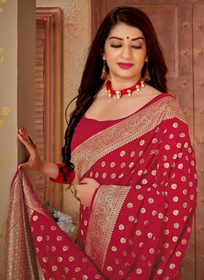   scarlet red woven banarasi saree with blouse 3
