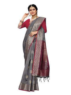 Grey woven banarasi silk saree with blouse 4