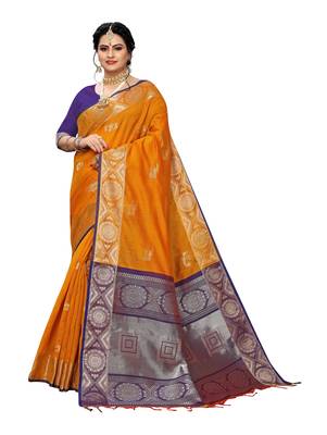 Yellow woven banarasi silk saree with blouse 1