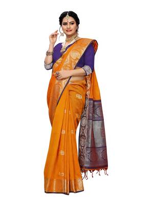 Yellow woven banarasi silk saree with blouse 3
