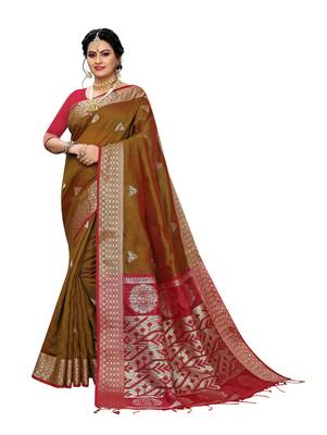 Dark brown woven banarasi silk saree with blouse 1