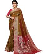 Dark brown woven banarasi silk saree with blouse