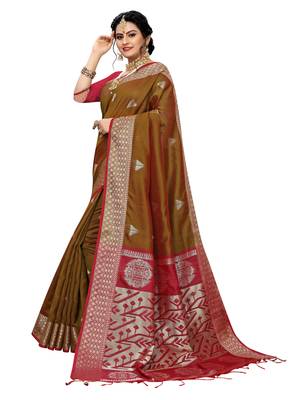 Dark brown woven banarasi silk saree with blouse 2