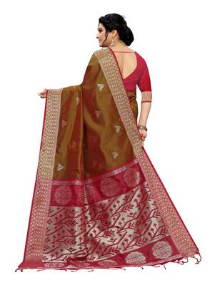 Dark brown woven banarasi silk saree with blouse 3