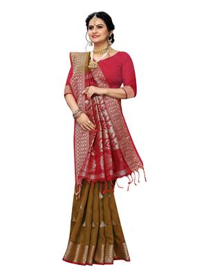 Dark brown woven banarasi silk saree with blouse 4