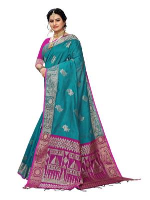 Blue woven banarasi silk saree with blouse 2