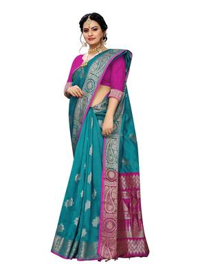 Blue woven banarasi silk saree with blouse 4