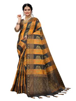Yellow woven cotton silk saree with blouse 1
