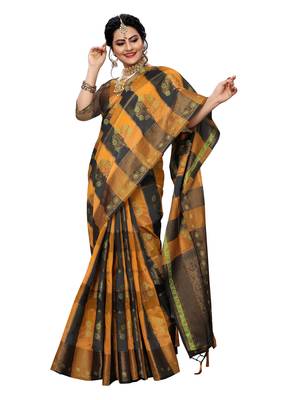 Yellow woven cotton silk saree with blouse 4