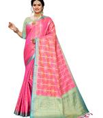 Pink woven banarasi silk saree with blouse