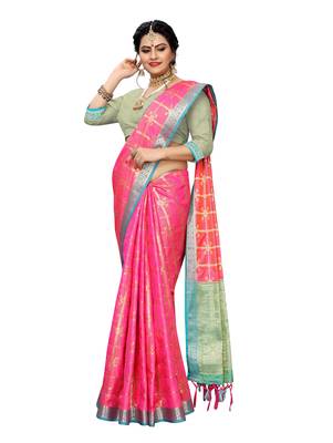 Pink woven banarasi silk saree with blouse 4
