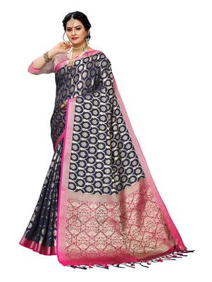 Dark blue woven banarasi silk saree with blouse 1