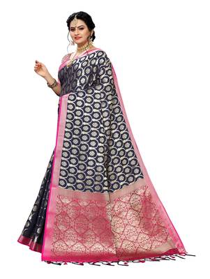 Dark blue woven banarasi silk saree with blouse 2