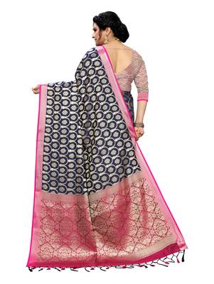 Dark blue woven banarasi silk saree with blouse 3
