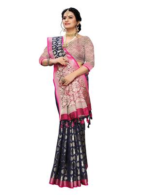 Dark blue woven banarasi silk saree with blouse 4