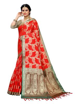 Red woven banarasi silk saree with blouse 1