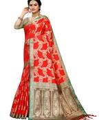Red woven banarasi silk saree with blouse