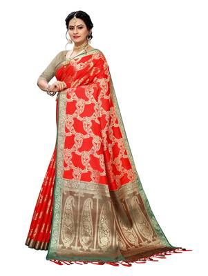 Red woven banarasi silk saree with blouse 2