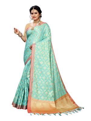 Light blue woven banarasi silk saree with blouse 1
