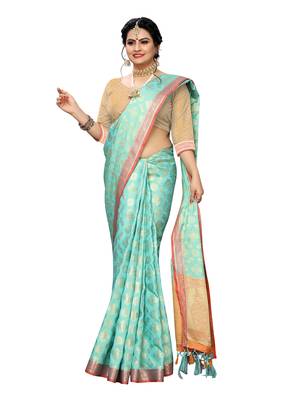 Light blue woven banarasi silk saree with blouse 4