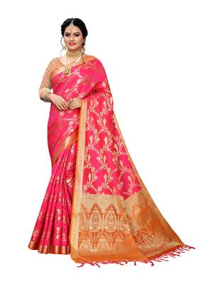 Pink woven banarasi silk saree with blouse 1