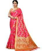 Pink woven banarasi silk saree with blouse