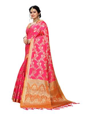 Pink woven banarasi silk saree with blouse 2