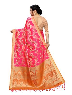 Pink woven banarasi silk saree with blouse 3