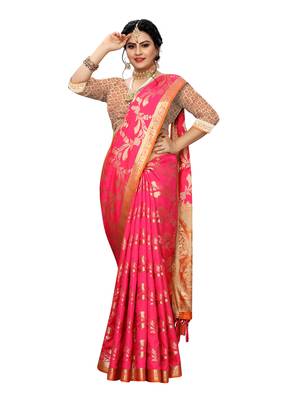 Pink woven banarasi silk saree with blouse 4