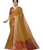 Brown embroidered banarasi silk saree with blouse