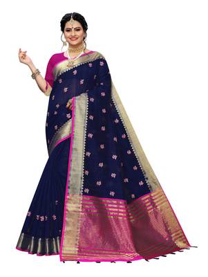 Dark blue embroidered banarasi silk saree with blouse 1