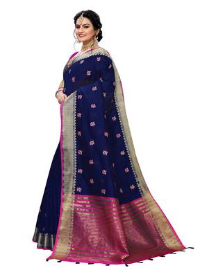 Dark blue embroidered banarasi silk saree with blouse 2