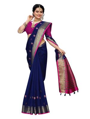 Dark blue embroidered banarasi silk saree with blouse 3
