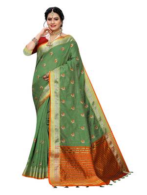 Green embroidered banarasi silk saree with blouse 1