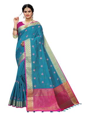 Blue embroidered banarasi silk saree with blouse 1