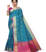 Blue embroidered banarasi silk saree with blouse