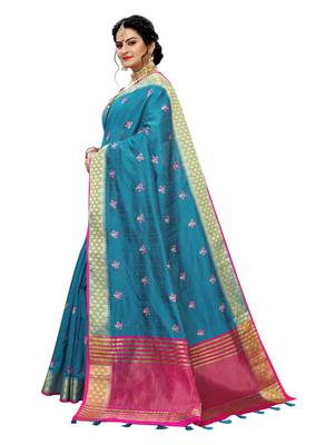 Blue embroidered banarasi silk saree with blouse 2
