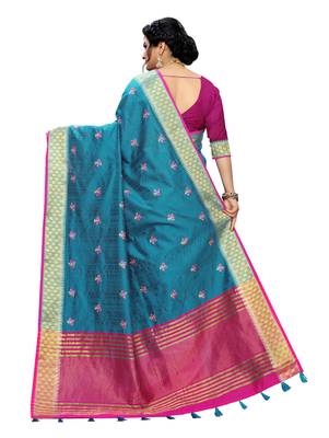 Blue embroidered banarasi silk saree with blouse 3
