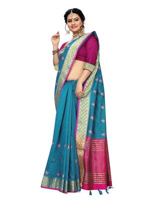 Blue embroidered banarasi silk saree with blouse 4
