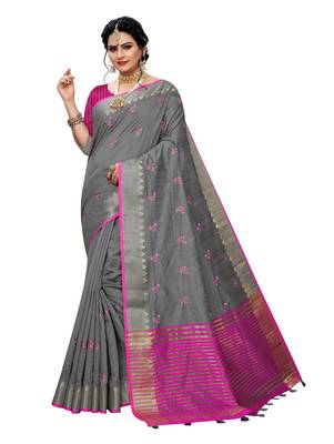 Grey embroidered banarasi silk saree with blouse 1
