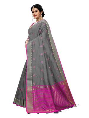 Grey embroidered banarasi silk saree with blouse 2