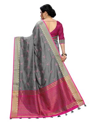 Grey embroidered banarasi silk saree with blouse 3
