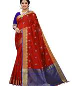 Red embroidered banarasi silk saree with blouse