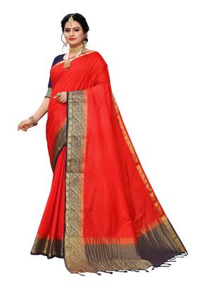 Red woven banarasi silk saree with blouse 1