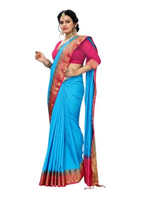 Blue woven banarasi silk saree with blouse 4