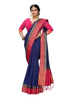 Dark blue woven banarasi silk saree with blouse 4
