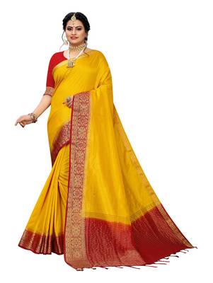 Yellow woven banarasi silk saree with blouse 1