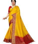 Yellow woven banarasi silk saree with blouse